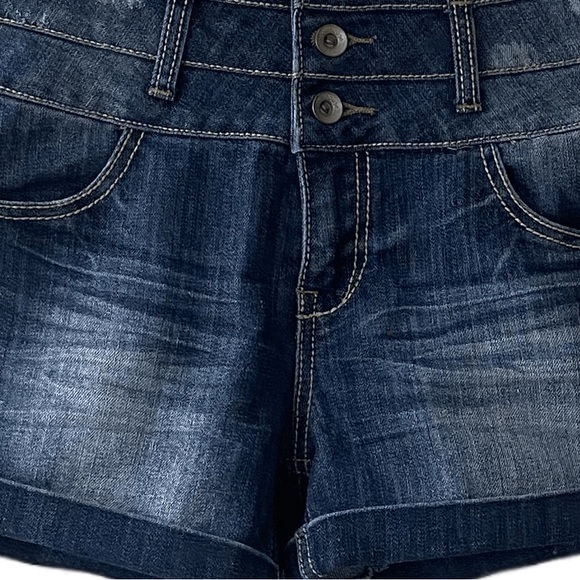 High Rise Blue Jean Shorts Denim Cuffed Hem 3 Button Cute Sexy Fit Dollhouse - Picture 4 of 16